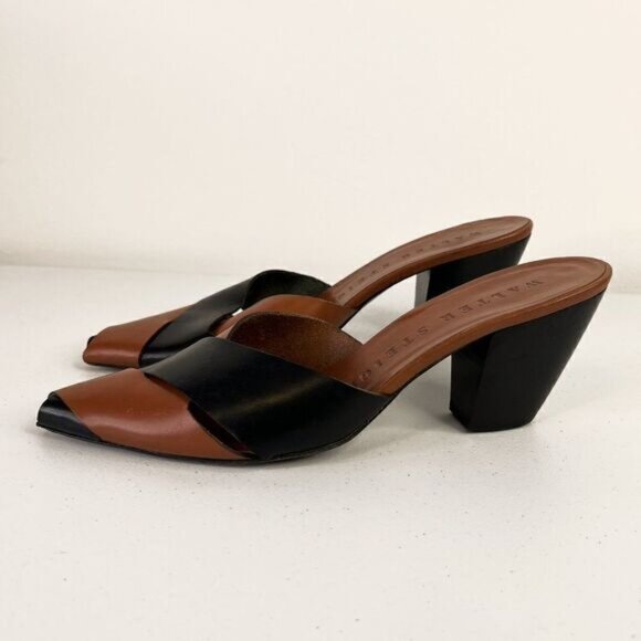 Walter Steiger Brown & Black Leather Block Heel Pointed Toe Sandals - Picture 3 of 5